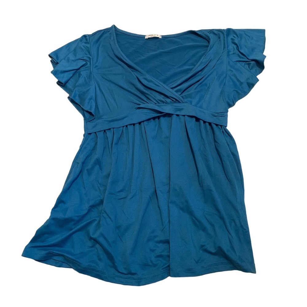 EKOUAER Teal V-Neck Ruffle Sleeve Tunic Top Size S